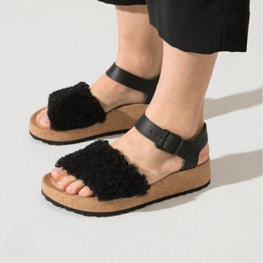 Papillio by Birkenstock Glenda Black Genuine Shearling Platform Sandals 40 9 NEW